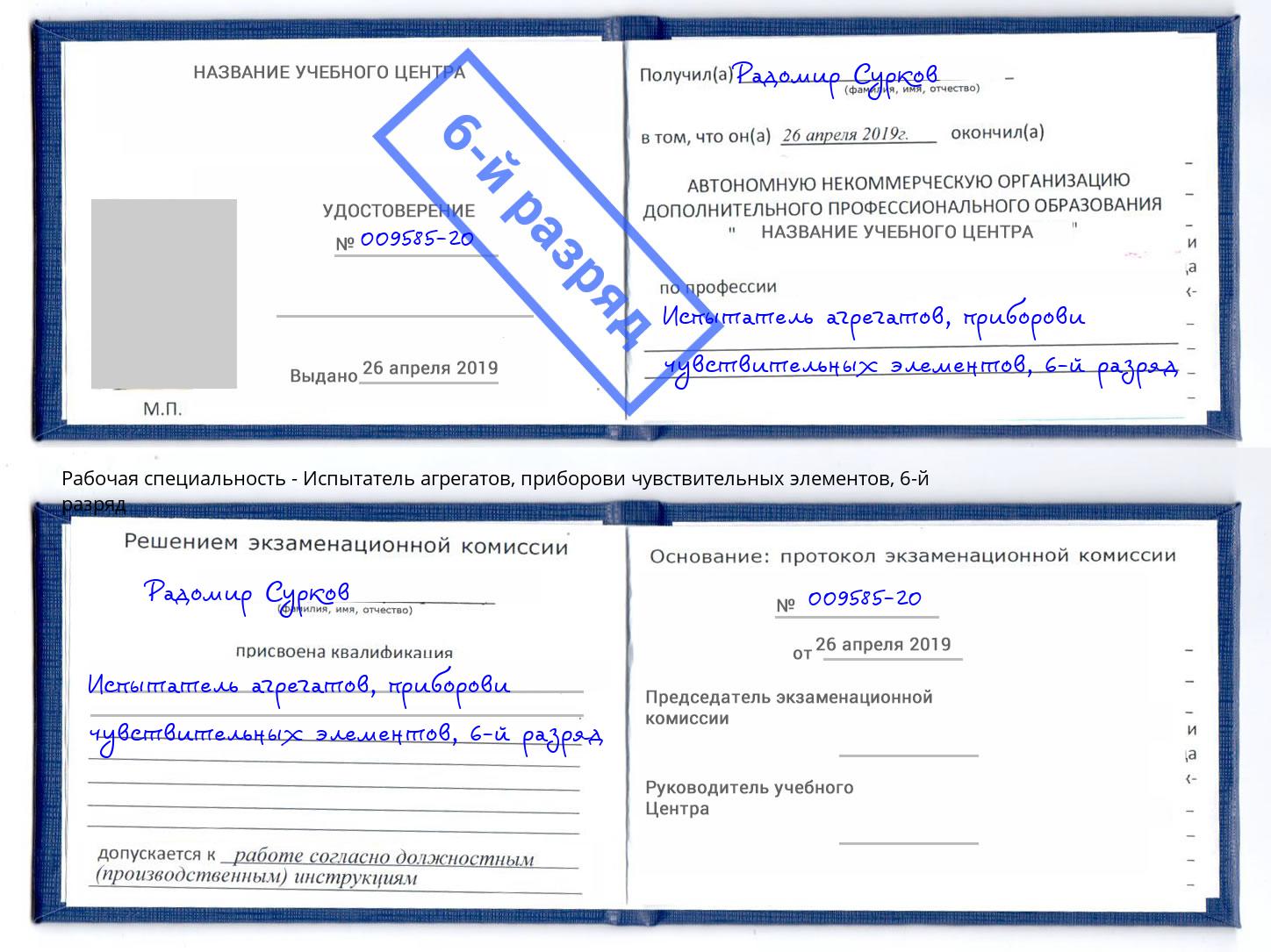 корочка 6-й разряд Испытатель агрегатов, приборови чувствительных элементов Сальск