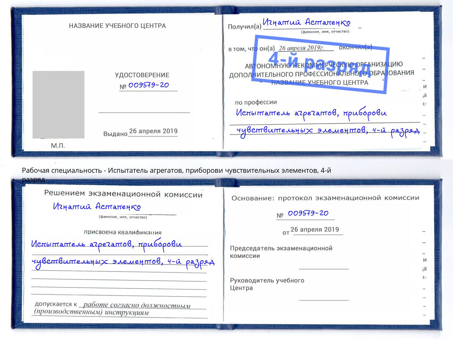 корочка 4-й разряд Испытатель агрегатов, приборови чувствительных элементов Сальск