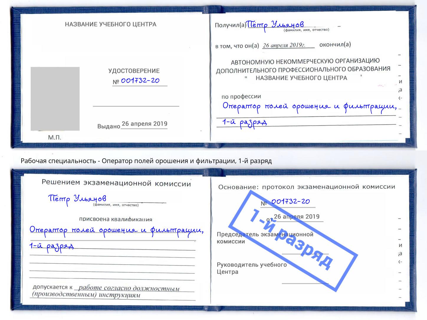 корочка 1-й разряд Оператор полей орошения и фильтрации Сальск