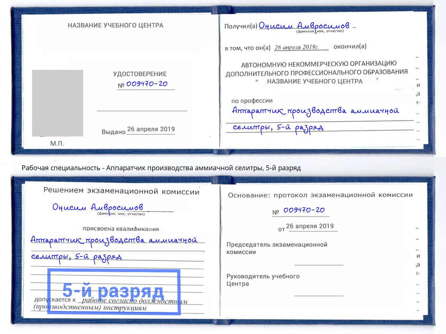 корочка 5-й разряд Аппаратчик производства аммиачной селитры Сальск