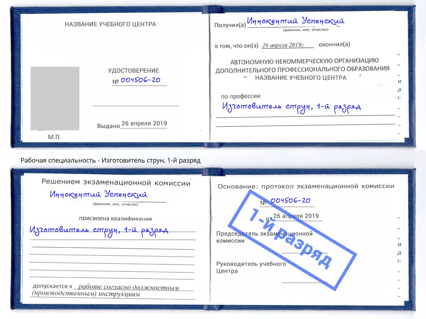 корочка 1-й разряд Изготовитель струн Сальск