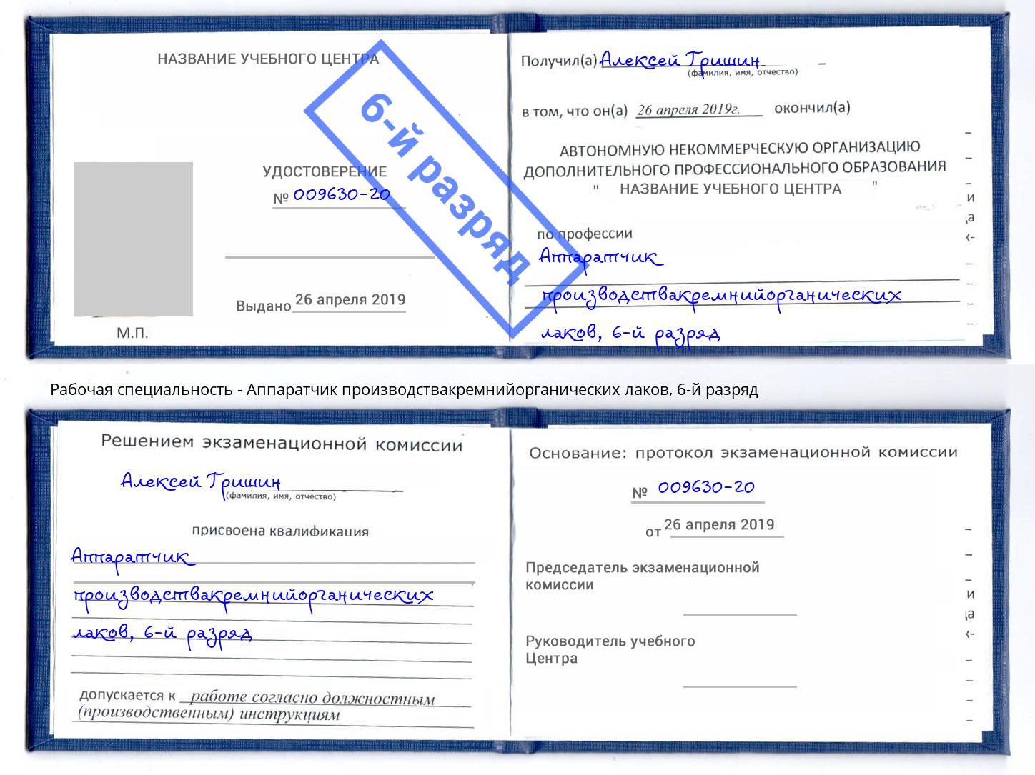 корочка 6-й разряд Аппаратчик производствакремнийорганических лаков Сальск