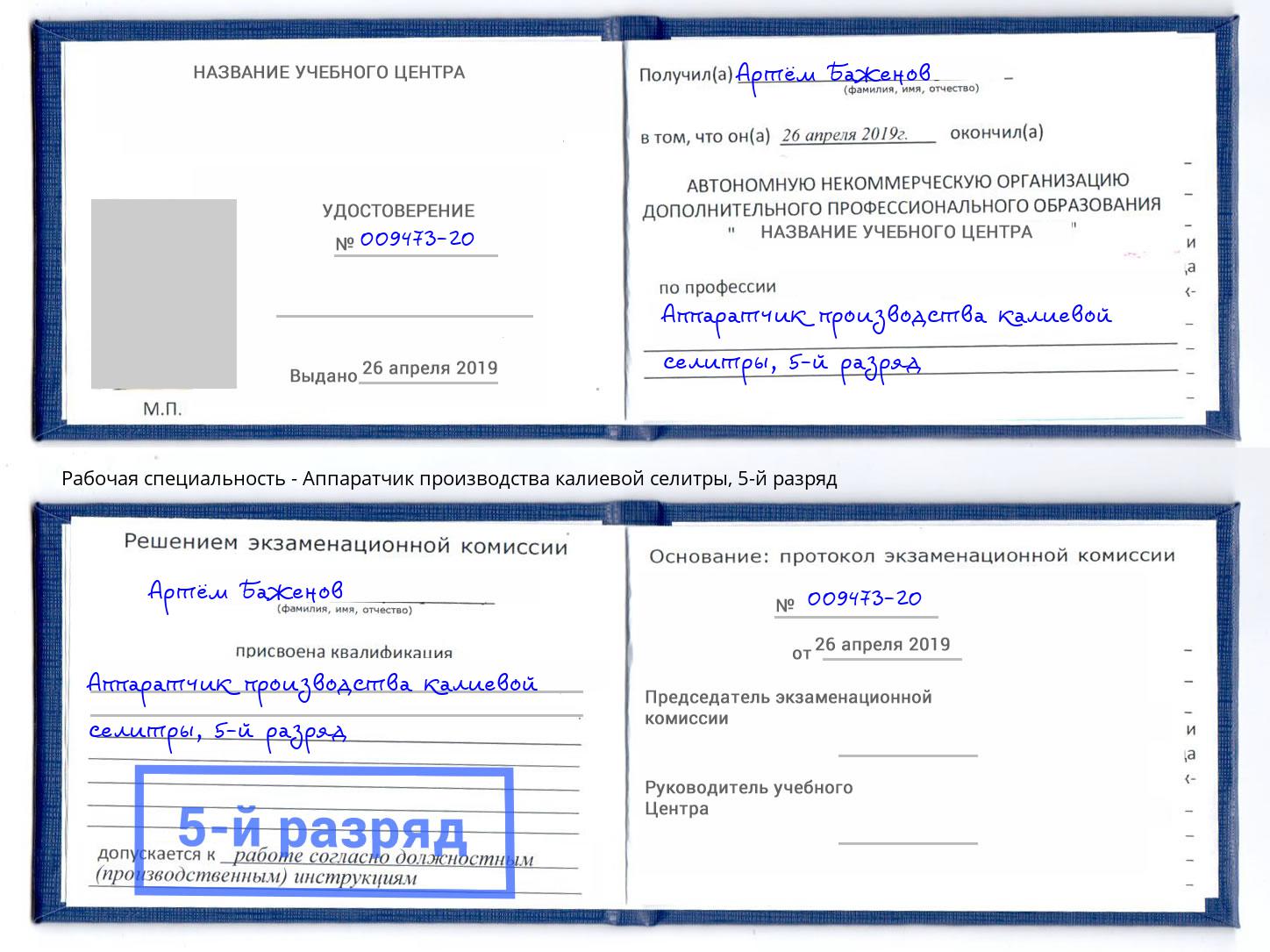 корочка 5-й разряд Аппаратчик производства калиевой селитры Сальск