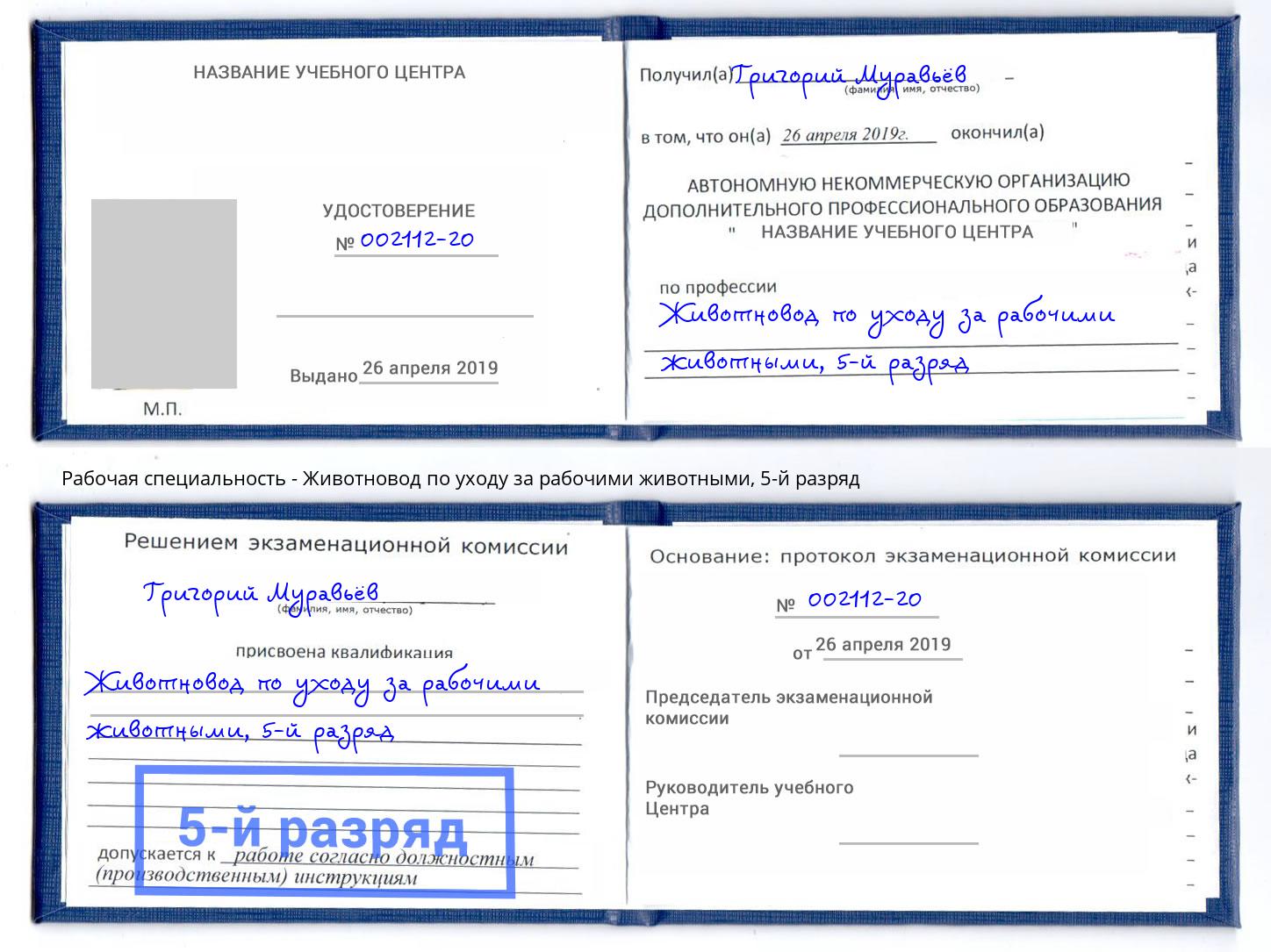 корочка 5-й разряд Животновод по уходу за рабочими животными Сальск