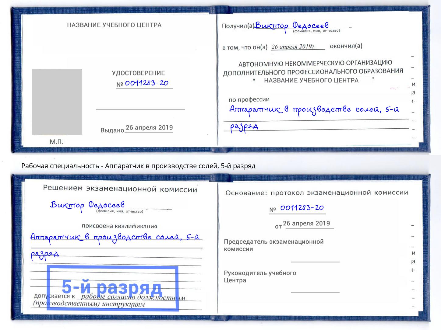 корочка 5-й разряд Аппаратчик в производстве солей Сальск