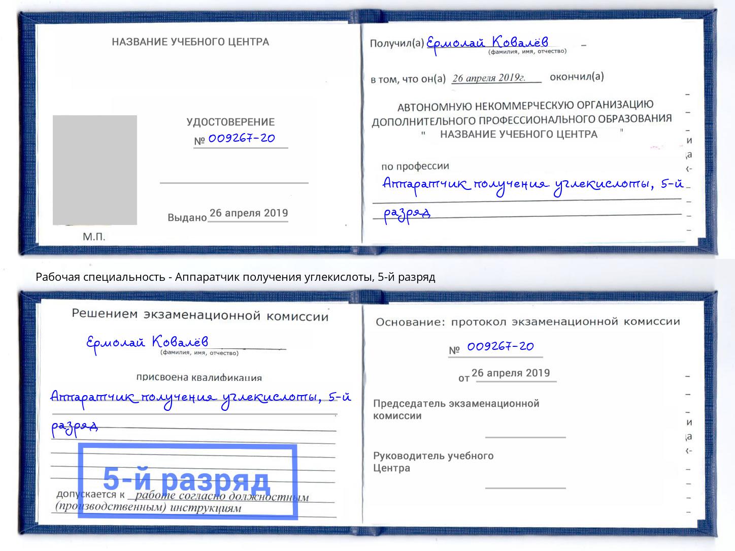 корочка 5-й разряд Аппаратчик получения углекислоты Сальск