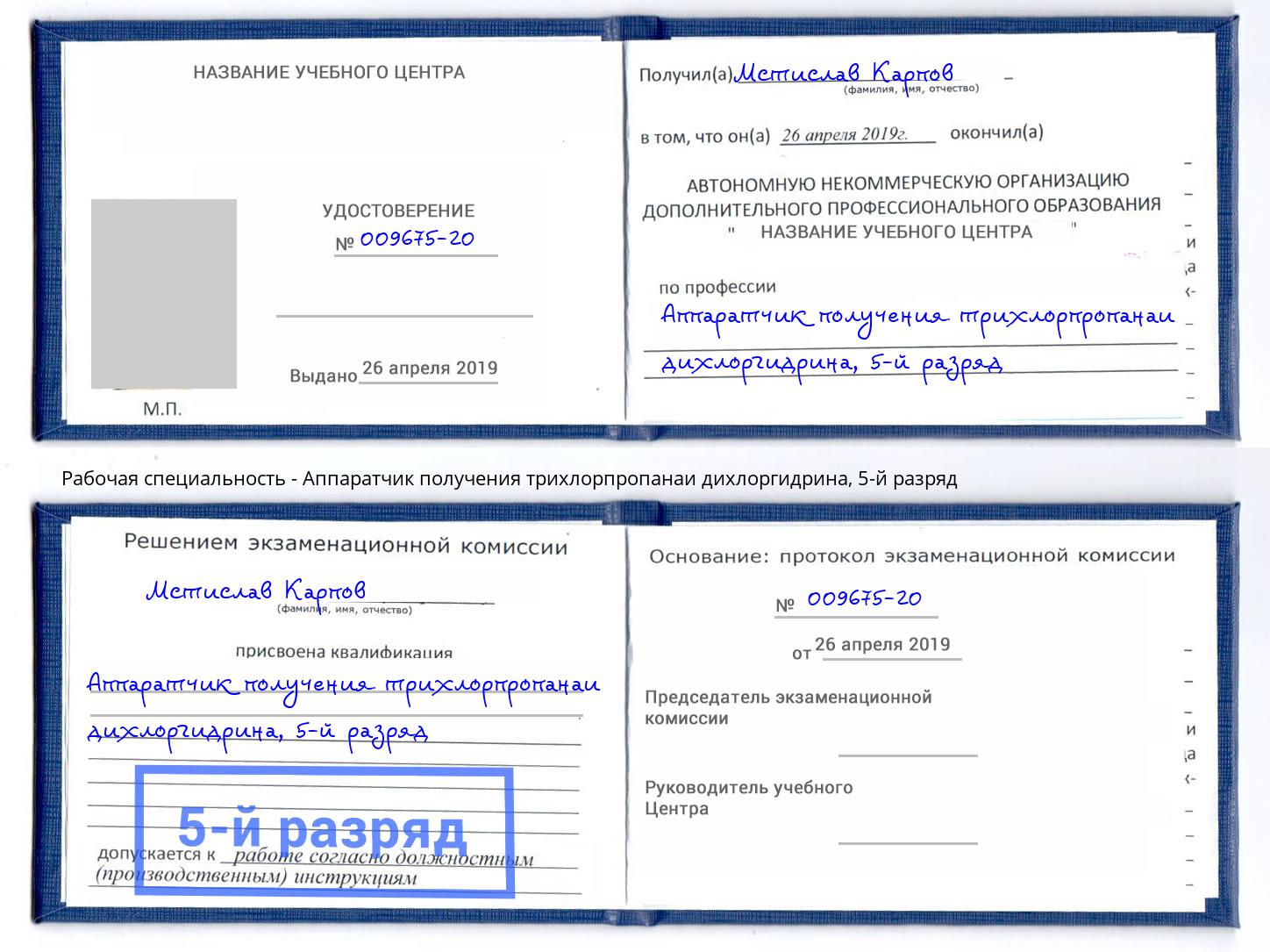 корочка 5-й разряд Аппаратчик получения трихлорпропанаи дихлоргидрина Сальск